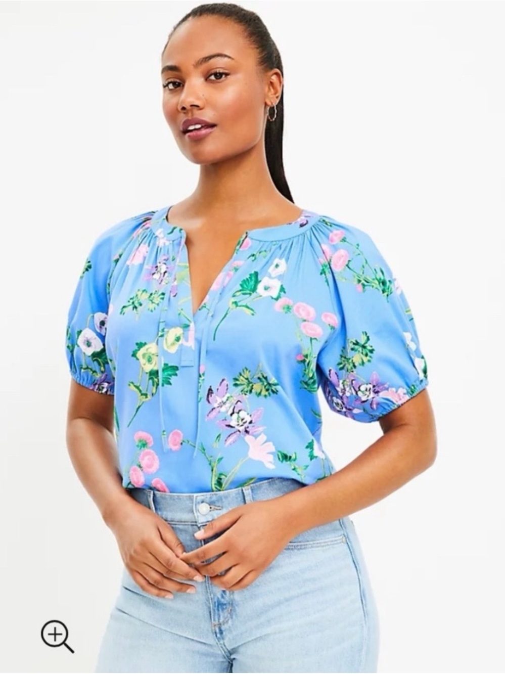 NWT Ann Taylor LOFT Garden Puff Sleeve Peasant Tie Neck Top